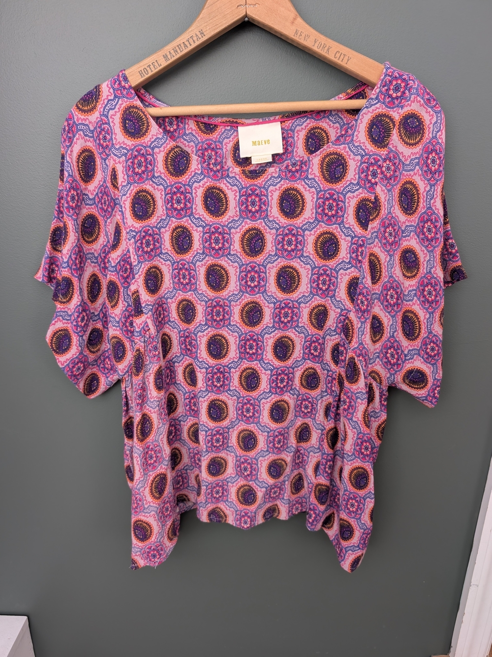 Maeve Pink and Purple Medallion Short Sleeve Blouse